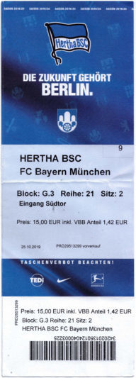 Ticket Hertha Berliner Sport-Club e. V. - FC Bayern München am 19.01.2020
